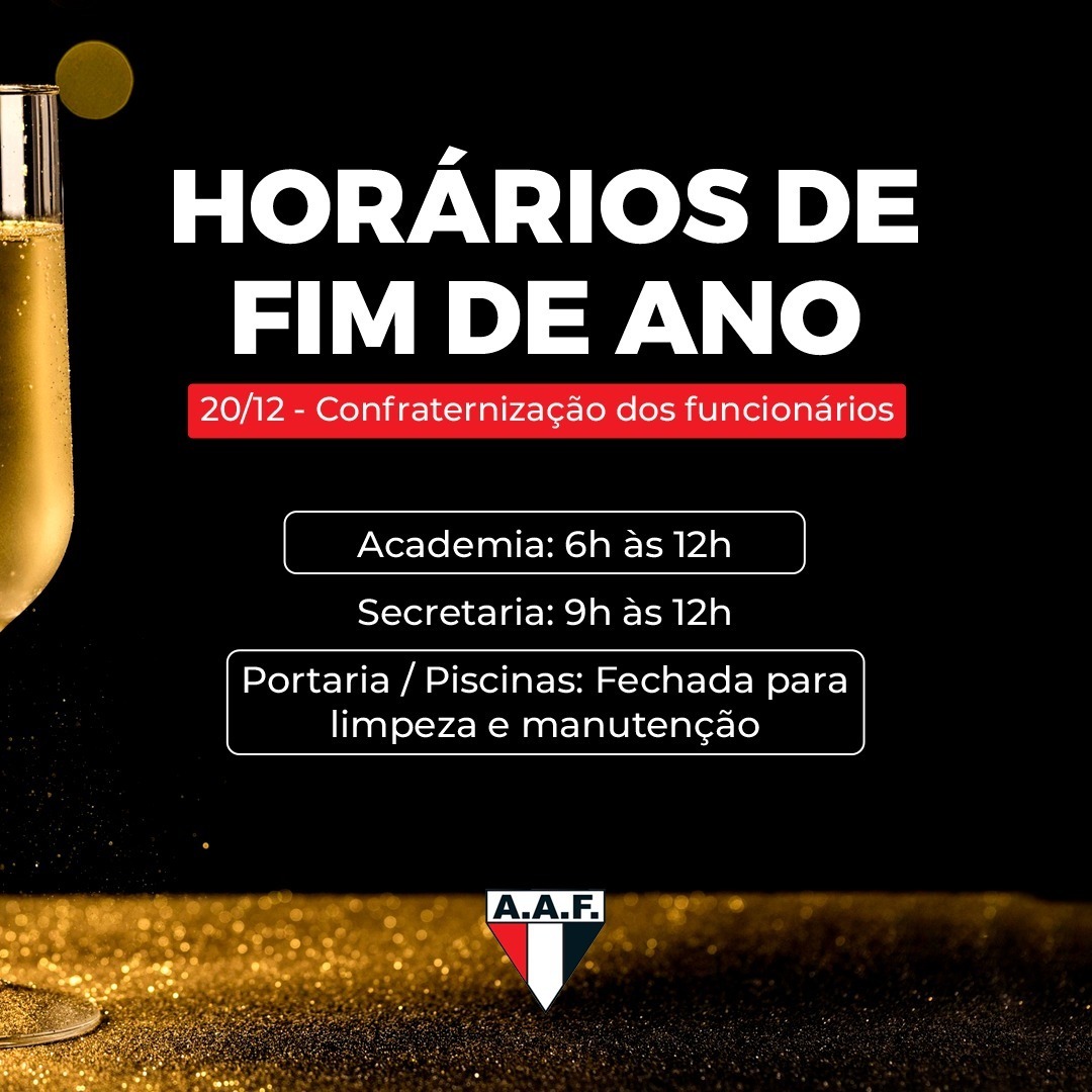 Confira o horário de funcionamento do clube no dia 20 de dezembro