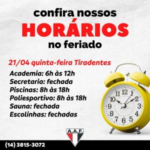 Confira o horário de funcionamento do clube no feriado de Tiradentes