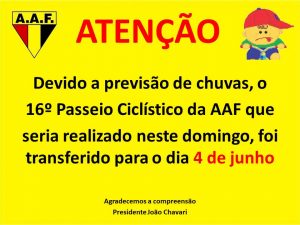 O Passeio Ciclístico foi transferido para o dia 4/06