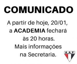 academia fechará às 20 horas