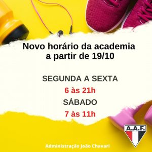 Novo horário da academia a partir de 19 de outubro