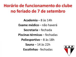 Confira o horário de funcionamento do clube no feriado de 7 de setembro