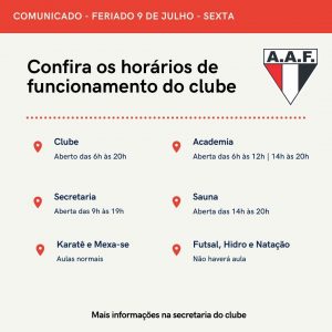 Confira o horário de funcionamento do clube no feriado de 9 de julho