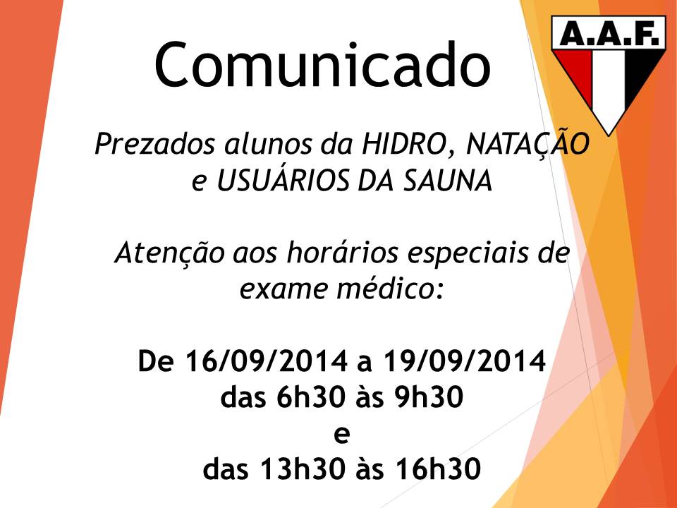 comunicado exame medico Horários especiais para Hidro, Natação e Sauna