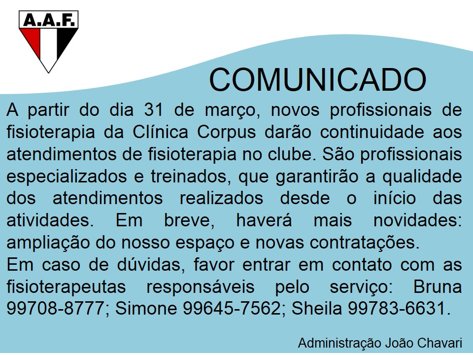 comunicado Fisioterapia no clube