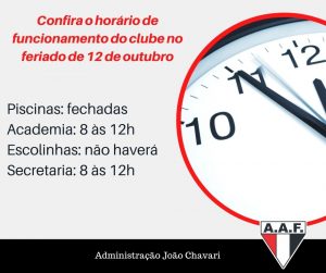Confira o horário do clube no feriado de 12 de outubro