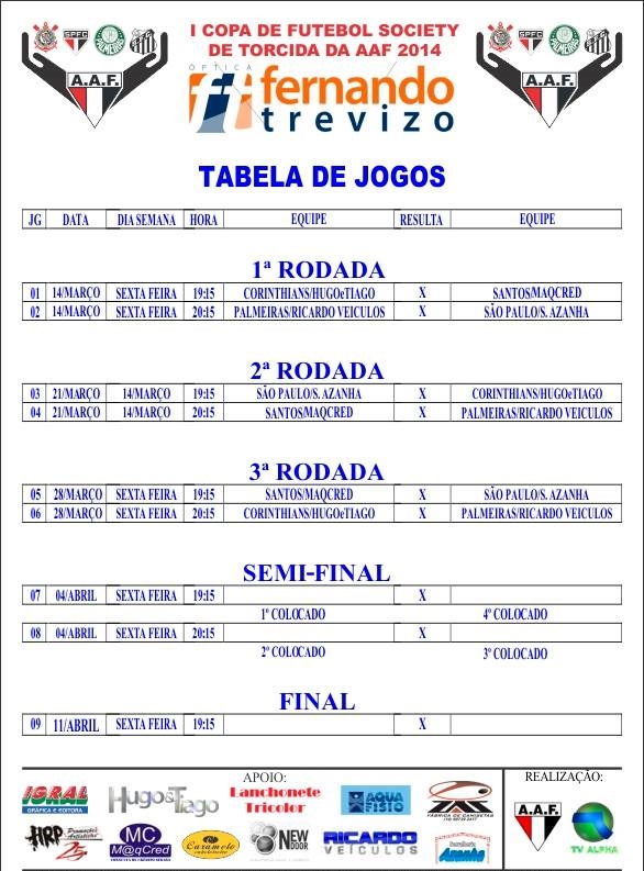 tabela Confira a tabela da I Copa de Futebol Society de Torcida AAF