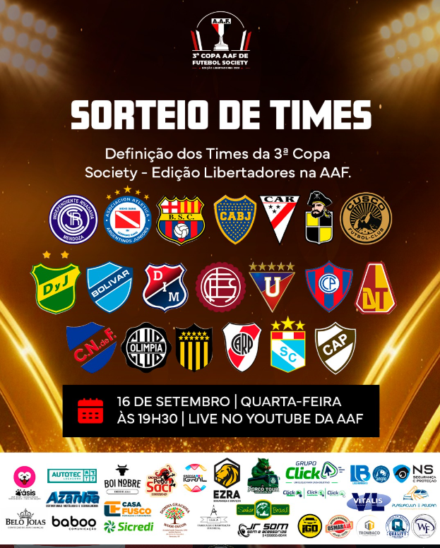 Captura de tela 2026 09 16 094658 AAF define os times da 3ª Copa Society - Edição Libertadores em sorteio nesta quarta-feira